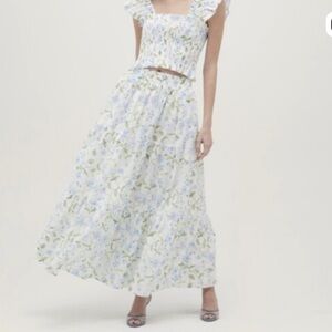 Hill House Floral Tiered Maxi Skirt and top in White, Light Blue & Green